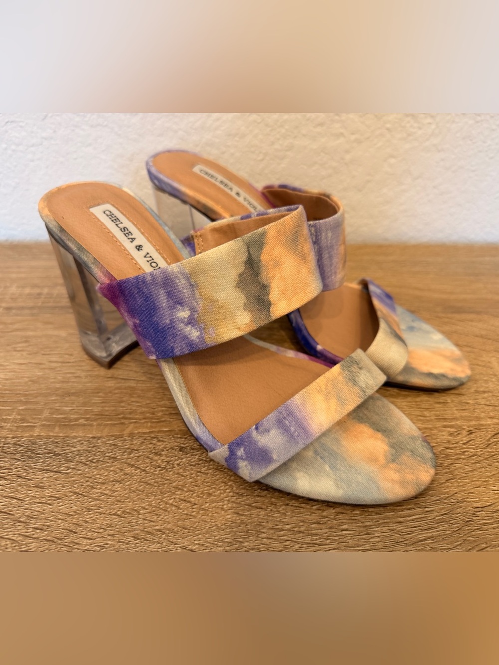 Chelsea & Violet Purple and Yellow Tie-Dye Clear Block Heels ~ Size 7